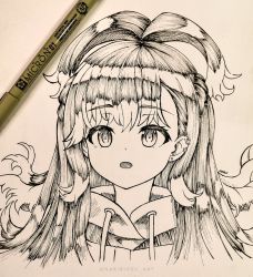 Rule 34 | 1girl, :o, art tools in frame, commentary, completion time, english commentary, greyscale, hair behind ear, hololive, hololive indonesia, ink (medium), kobo kanaeru, long hair, looking up, monochrome, nakiri virus, open mouth, pen, portrait, solo, traditional media, virtual youtuber