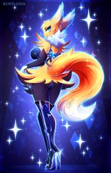 Rule 34 | 1girl, absurdres, blue eyes, boots, breasts, detached sleeves, digimon, furry, high heel boots, high heels, highres, knee boots, koveliana, looking back, multicolored tail, pointy ears, renamon, tail, thighhighs, underwear