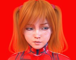 Rule 34 | 1girl, alternate hairstyle, artist request, blue eyes, bodysuit, freckles, highres, interface headset, lips, long hair, multicolored bodysuit, multicolored clothes, neon genesis evangelion, orange hair, pilot suit, plugsuit, realistic, red background, red bodysuit, shiny clothes, solo, souryuu asuka langley, standing, tsundere, twintails, upper body