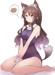 Rule 34 | 10s, 1girl, adapted costume, animal ears, ashigara (kancolle), bare legs, bell, neck bell, breasts, brown hair, collar, food, fur, hairband, hungry, jingle bell, kantai collection, kemonomimi mode, large breasts, leotard, long hair, meat, sitting, solo, sumisu (mondo), tail, thought bubble, v arms, wariza, white background, wolf ears