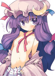 Rule 34 | 1girl, blush, bow, crescent, dress, female focus, flat chest, hair bow, hat, highres, long hair, mukyuu, nipples, off shoulder, patchouli knowledge, purple eyes, purple hair, shirogane (platinum), solo, topless, touhou, undressing, upper body, very long hair