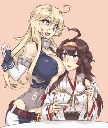 Rule 34 | 10s, 2girls, ahoge, anchor, blonde hair, blue eyes, breasts, brown hair, cleavage, cup, double bun, elbow gloves, gloves, hair between eyes, hand on shoulder, headband, huge breasts, iowa (kancolle), japanese clothes, kantai collection, kongou (kancolle), large breasts, long hair, miko, mizuumi (bb), multiple girls, open mouth, saucer, simple background, sitting, star-shaped pupils, star (symbol), symbol-shaped pupils, tea, teacup