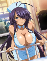 Rule 34 | 1girl, antenna hair, bare arms, bra, breasts, cleavage, closed mouth, collarbone, cowboy shot, detached collar, grey eyes, hair over one eye, hat, heart, heart print, ikkitousen, kan&#039;u unchou, large breasts, leaning forward, long hair, looking at viewer, miniskirt, nurse cap, pencil skirt, purple hair, shiny skin, skirt, sleeveless, smile, solo, underwear, very long hair, white bra, white skirt, wing collar