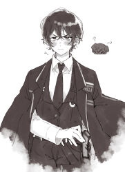 Rule 34 | 1boy, blush, closed mouth, coat, coat on shoulders, collared shirt, commentary, cowboy shot, dagger, greyscale, highres, knife, limbus company, long sleeves, looking at viewer, male focus, monochrome, necktie, pout, project moon, shirt, solo, uchimura (rino0525), vest, weapon, yi sang (project moon)