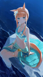 Rule 34 | 1girl, animal ears, aqua sarong, bare shoulders, blunt bangs, blunt tresses, braid, breasts, cleavage, commentary, crown braid, ear flower, flower on chest, from above, gradient bikini, gradient sarong, highres, horse ears, horse girl, horse tail, jyakku, official alternate costume, official alternate hairstyle, partially submerged, sarong, silence suzuka (emerald on the waves) (umamusume), silence suzuka (umamusume), sitting, small breasts, smile, solo, tail, umamusume