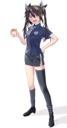Rule 34 | 1girl, asymmetrical legwear, black footwear, black hair, black legwear, black skirt, blue shirt, blush, boots, breasts, employee uniform, fang, full body, hand on own hip, highres, holding, kantai collection, lawson, long hair, looking at viewer, medium breasts, open mouth, pocket, shadow, shirt, short sleeves, side slit, simple background, skirt, smile, solo, standing, striped clothes, striped shirt, tone (kancolle), twintails, uneven legwear, uniform, vertical-striped clothes, vertical-striped shirt, white background, yami (m31), yellow eyes