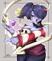 Rule 34 | 1girl, blue hair, blue skin, breasts, cleavage, colored skin, hair over one eye, highres, jyhniiart, large breasts, leviathan (skullgirls), long hair, looking at viewer, open mouth, red eyes, side ponytail, skullgirls, solo, squigly (skullgirls), zombie