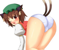 Rule 34 | 1girl, animal ears, ash (pixiv53802), ass, bad id, bad pixiv id, blush, brown eyes, brown hair, cameltoe, cat ears, cat girl, cat tail, chen, female focus, hat, panties, solo, tail, tears, touhou, underwear