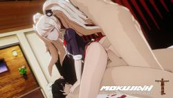 Rule 34 | 1girl, 2boys, 3d, anal, animated, anus, ass, blonde hair, clothed female nude male, clothed sex, cum, cum in ass, cum in pussy, danganronpa (series), double penetration, ejaculation, enoshima junko, grey eyes, hair ornament, hornywood, moaning, multiple boys, nude, on bed, penis, pussy, sex, skirt, sound, spread legs, twintails, uncensored, vaginal, video