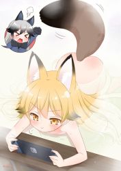 Rule 34 | &gt; &lt;, 10s, 2girls, :&gt;, animal ears, ass, bathing, bent over, blonde hair, blush, bow, bowtie, coat, closed eyes, ezo red fox (kemono friends), fox ears, fox girl, fox tail, half-closed eyes, kemono friends, long hair, long sleeves, multiple girls, muu rian, nintendo switch, nude, onsen, open mouth, orange eyes, partially submerged, playing games, silver fox (kemono friends), smile, steam, tail, water, wavy mouth