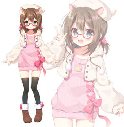 Rule 34 | 1girl, :d, animal ears, beret, black thighhighs, blue eyes, blush, boots, brown footwear, brown hair, closed mouth, collarbone, commentary request, copyright request, cropped jacket, dress, fur-trimmed boots, fur trim, glasses, hair between eyes, hamster ears, hand up, hat, hood, hood down, hooded jacket, jacket, korean commentary, long hair, long sleeves, mauve, multiple views, open clothes, open jacket, open mouth, pink sweater, puffy long sleeves, puffy sleeves, red-framed eyewear, ribbed sweater, semi-rimless eyewear, simple background, sleeves past wrists, smile, sweater, sweater dress, thighhighs, under-rim eyewear, v, virtual youtuber, white background, white headwear, white jacket