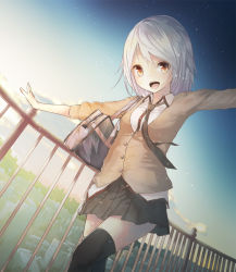 Rule 34 | 1girl, :d, bag, black thighhighs, fence, la-na, open mouth, orange eyes, original, outstretched arms, school uniform, silver hair, skirt, smile, solo, thighhighs