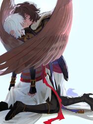 Rule 34 | 2boys, ahoge, armor, boots, brown hair, brown wings, cape, closed eyes, colored eyelashes, crying, feathered wings, fingerless gloves, gloves, granblue fantasy, hair between eyes, high heel boots, high heels, highres, holding another&#039;s head, hood, hood down, kiss, kissing cheek, kneeling, light blue background, lucifer (shingeki no bahamut), male focus, messy hair, multiple boys, red eyes, red scarf, sandalphon (granblue fantasy), scarf, wahoosandalphon, white cape, white hair, wings, yaoi