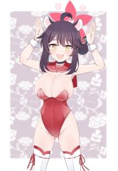 Rule 34 | 1girl, ahoge, animal ears, bare shoulders, blue archive, blush, breasts, brown hair, covered navel, detached collar, embarrassed, fang, flower, groin, hair bun, hair flower, hair ornament, halo, highleg, highleg leotard, highres, hoshino ouka, kaede (blue archive), lace, lace-trimmed legwear, lace trim, large breasts, leotard, looking at viewer, oppai loli, playboy bunny, red leotard, red sailor collar, ribbon-trimmed thighhighs, ribbon trim, sailor collar, single side bun, skin fang, strapless, strapless leotard, thighhighs, white thighhighs, wrist cuffs, yellow eyes