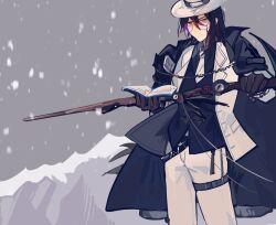 Rule 34 | 1boy, anniao4, arknights, black coat, black gloves, black hair, book, brown eyes, chinese commentary, coat, coat on shoulders, commentary request, cowboy shot, formal, glasses, gloves, gnosis (arknights), gnosis (elite ii) (arknights), grey sky, hat, highres, holding, holding book, holding staff, jacket, looking at viewer, male focus, mountainous horizon, multicolored hair, necktie, open book, pants, red hair, short hair, sky, snowing, solo, staff, streaked hair, suit, thigh strap, white hat, white jacket, white necktie, white pants, white suit