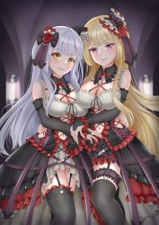 Rule 34 | 2girls, arm around waist, arm belt, assault lily, bare shoulders, belt, belt buckle, black belt, black bow, black bridal gauntlets, black dress, black thighhighs, blonde hair, blunt bangs, blush, bow, breasts, bridal gauntlets, buckle, cleavage, closed mouth, clothing cutout, commentary request, cross-laced clothes, cross-laced cutout, cross-laced dress, detached collar, dress, feet out of frame, flower, frilled bow, frilled dress, frilled thighhighs, frills, garter straps, gem, grey hair, hair bow, hair flower, hair ornament, hand on another&#039;s hand, hand on another&#039;s waist, highres, imai tomohiro, indoors, jewelry, kon kanaho, large breasts, layered dress, long hair, looking at viewer, miyagawa takane, multiple girls, navel, neck ribbon, pendant, purple eyes, purple gemstone, red flower, red ribbon, red rose, ribbon, ring, rose, side-by-side, side cutout, sidelocks, sleeveless, sleeveless dress, smile, stomach cutout, striped bow, thigh belt, thigh strap, thighhighs, two-tone dress, very long hair, white dress, white flower, white rose, wrist belt, yellow eyes, yellow gemstone