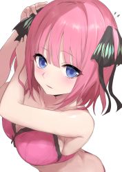 Rule 34 | 1girl, arms up, bare arms, bare shoulders, black ribbon, blue eyes, blush, bow, bow bra, bra, breasts, cleavage, collarbone, commentary request, go-toubun no hanayome, hair between eyes, hair ribbon, highres, ichijou (kr neru0), long hair, medium breasts, nakano nino, panties, parted lips, pink bra, pink hair, pink panties, ribbon, simple background, solo, two side up, underboob, underwear, white background