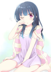 Rule 34 | 1girl, :o, ;), alternate hairstyle, artist name, artist request, bare legs, barefoot, blue hair, blush, breasts, collarbone, feet, female focus, hair over shoulder, holding, holding clothes, holding skirt, long hair, looking at viewer, love live!, love live! sunshine!!, one eye closed, pajamas, parted lips, pink eyes, purple eyes, purple pajamas, sitting, skirt, small breasts, smile, solo, tsushima yoshiko, waking up