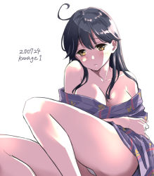 Rule 34 | 1girl, ahoge, black hair, breasts, brown eyes, cleavage, commentary request, feet out of frame, grey kimono, japanese clothes, kantai collection, kimono, kurage1, large breasts, long hair, off shoulder, one-hour drawing challenge, panties, simple background, sitting, solo, underwear, ushio (kancolle), white background, white panties, yukata