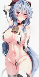 Rule 34 | 1girl, absurdres, ahoge, alternate costume, animal print, arm behind back, arm behind head, arm up, arm warmers, armpits, bare shoulders, bell, bikini, blue hair, blurry, breasts, breasts apart, choker, cow print, cowbell, cowboy shot, frown, ganyu (genshin impact), genshin impact, goat horns, highres, horns, large breasts, long hair, looking at viewer, navel, pink eyes, red choker, skindentation, solo, stomach, string bikini, sweat, swimsuit, thighhighs, thighs, very long hair, w.k, white bikini, white thighhighs