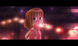 Rule 34 | 1girl, blurry, blush, bokeh, brown eyes, brown hair, commentary, depth of field, drawing, english commentary, film grain, from side, glowing, japanese clothes, lantern, letterboxed, looking at viewer, ogino chihiro, pink shirt, ponytail, raised eyebrows, samantha germaine sim, sen to chihiro no kamikakushi, shirt, sidelocks, signature, solo, tasuki, upper body