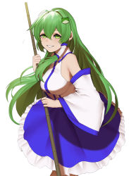 Rule 34 | 1girl, absurdres, bad id, bad pixiv id, bamboo broom, blue skirt, blush, bobby36446329, breasts, broom, collared shirt, cowboy shot, detached sleeves, eyelashes, frilled skirt, frills, frog hair ornament, green eyes, green hair, hair between eyes, hair ornament, hair tubes, highres, holding, holding broom, kochiya sanae, korean commentary, large breasts, long hair, looking at viewer, parted lips, shirt, sidelocks, simple background, skirt, smile, snake hair ornament, solo, straight hair, touhou, white background, white shirt, wide sleeves