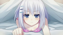 Rule 34 | 10s, 1girl, bed, blanket, blue eyes, blush, bra, breasts, cleavage, collarbone, date a live, downblouse, game cg, jitome, looking at viewer, lying, on stomach, pink bra, purple bra, short hair, silver hair, small breasts, solo, tobiichi origami, tsunako, underwear, underwear only