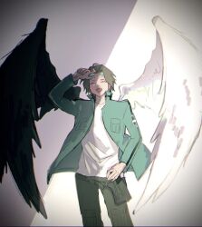 Rule 34 | 1boy, adjusting goggles, always omochi, angel, asymmetrical wings, black wings, blue jacket, brown hair, closed eyes, cowboy shot, facing viewer, feathered wings, floating clothes, grey background, hand up, jacket, jin yuuichi, laughing, male focus, mismatched wings, open mouth, pants, short hair, solo, split theme, standing, uniform, white wings, window shadow, wings, world trigger