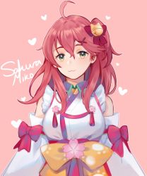 Rule 34 | 1girl, :3, ahoge, bell, character name, detached sleeves, hair bell, hair ornament, hair over shoulder, hairclip, heart, highres, hololive, llicornia, long hair, looking at viewer, paw print, paw print pattern, pink background, pink hair, sakura miko, solo, virtual youtuber, x hair ornament