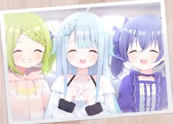 Rule 34 | 3girls, absurdres, ahoge, amatsuka uto, blue dress, blue hair, blurry, blurry background, blush, bow, bowtie, braid, braided bangs, chestnut mouth, choker, clenched hands, closed eyes, collarbone, commentary request, deyui, dress, furrowed brow, girl sandwich, green hair, grin, hair bow, hair ornament, hair ribbon, hairclip, highres, hood, hoodie, indie virtual youtuber, light blue hair, light particles, morinaka kazaki, multiple girls, nijisanji, off-shoulder dress, off shoulder, open mouth, photo (object), pink hoodie, puffy short sleeves, puffy sleeves, ribbon, ribbon choker, sandwiched, short sleeves, shoulder strap, sleeve cuffs, smile, teeth, twintails, two side up, upper teeth only, virtual youtuber, white dress, wing hair ornament, yuuki chihiro, zipper, zipper pull tab