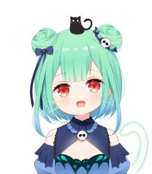 Rule 34 | 1girl, :d, animal, animal on head, bare shoulders, black bow, black cat, blue dress, blue sleeves, blush, bow, cat, commentary request, detached sleeves, deyui, double bun, drawn tail, drawn whiskers, dress, earrings, fang, green hair, hair bow, hair bun, hair ornament, highres, hololive, jewelry, looking at viewer, on head, open mouth, puffy sleeves, red eyes, simple background, skull earrings, skull hair ornament, sleeveless, sleeveless dress, smile, solo, tail raised, upper body, uruha rushia, uruha rushia (1st costume), virtual youtuber, white background