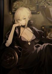 Rule 34 | 1girl, arm rest, artoria pendragon (all), artoria pendragon (fate), black ribbon, blonde hair, braid, breasts, breasts apart, bsq, expressionless, fate/grand order, fate (series), french braid, hair ornament, head rest, highres, looking at viewer, medium breasts, painting (action), painting (object), plant, potted plant, ribbon, saber alter, sitting, solo, yellow eyes