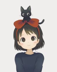 Rule 34 | 1girl, animal, animal on head, ayu (mog), black cat, black eyes, black hair, blush stickers, bow, bow hairband, cat, cat on head, closed mouth, grey sweater, hair bow, hairband, highres, jiji (majo no takkyuubin), kiki (majo no takkyuubin), looking at viewer, majo no takkyuubin, on head, red bow, red hairband, short hair, signature, simple background, smile, solo, sweater, white background