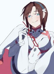 Rule 34 | 1girl, blue eyes, blush, bodysuit, breasts, brown hair, commentary request, covered navel, evangelion: 3.0+1.0 thrice upon a time, glasses, hairband, highres, interface headset, long hair, looking at viewer, makinami mari illustrious, medium breasts, neon genesis evangelion, plugsuit, rebuild of evangelion, red-framed eyewear, smile, solo, tongue, tongue out, twintails, white bodysuit, yakisobaosu