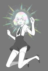 Rule 34 | 1other, androgynous, diamond (houseki no kuni), elbow gloves, gem uniform (houseki no kuni), gloves, glowing, glowing hair, grey background, highres, houseki no kuni, looking at viewer, multicolored eyes, multicolored hair, necktie, open mouth, rainbow eyes, rainbow hair, short hair, smile, solo, sparkle, suspenders, thick eyebrows, thighhighs