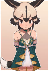 Rule 34 | 1girl, african wild dog (kemono friends), african wild dog print, animal ears, bare shoulders, black hair, blush, bow, dog ears, dog tail, dress, elbow gloves, gloves, highres, kemono friends, kemono friends 3, looking at viewer, multicolored hair, official alternate costume, rumenia (ao2is), short hair, sleeveless, sleeveless dress, solo, tail