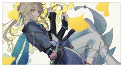 Rule 34 | 1boy, androgynous, blonde hair, blue ribbon, border, bridal gauntlets, chinese clothes, facing to the side, flower, hair ribbon, high ponytail, honkai: star rail, honkai (series), krgngrt, long sleeves, looking at viewer, male focus, pants, parted lips, petals, ribbon, solo, white border, white pants, yanqing (honkai: star rail), yellow background, yellow eyes, yellow flower