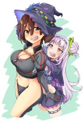 Rule 34 | 2girls, :d, android, aqua background, blunt bangs, blush, breasts, brown hair, cleavage, cowboy shot, cropped legs, gloves, groin, hair between eyes, hair bun, hair ornament, hat, highres, hololive, large breasts, light purple hair, long hair, maco (yamamac), multiple girls, murasaki shion, murasaki shion (1st costume), navel, open mouth, orange eyes, roboco-san, roboco-san (1st costume), simple background, single hair bun, smile, teeth, tongue, two-tone background, upper teeth only, v-shaped eyebrows, virtual youtuber, white bag, witch hat