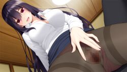 Rule 34 | 1girl, blush, breasts, ceiling, censored, cleavage, clothes lift, clothing aside, embarrassed, from below, fujino sakura, game cg, girl on top, go-1, groin, hair between eyes, highres, homemaid sweet pea, indoors, large breasts, legs, long hair, looking at viewer, lying, mosaic censoring, open mouth, original, panties, panties aside, panties under pantyhose, pantyhose, pov, purple hair, pussy, red eyes, sitting, skirt, skirt lift, smile, spread pussy, thighs, underwear