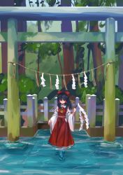 Rule 34 | 1girl, ascot, black eyes, black hair, blush, bow, bush, closed mouth, commentary, detached sleeves, geta, gohei, hair bow, hair tubes, hakurei reimu, holding, holding gohei, long sleeves, looking at viewer, medium hair, numujika, red bow, red skirt, red vest, shide, sidelocks, skirt, skirt set, solo, torii, touhou, tree, vest, wading, waist bow, water, white sleeves, wide sleeves, yellow ascot