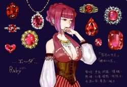 Rule 34 | 1girl, bad drawr id, bad id, braid, breasts, cleavage, crystal, detached sleeves, french braid, gem, hand to own mouth, jewelry, large breasts, lipstick, looking away, makeup, nail polish, nulco, original, puffy sleeves, red eyes, red hair, red nails, red theme, solo, updo