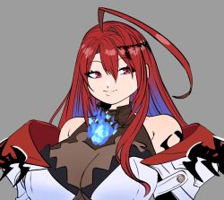 Rule 34 | 1girl, ahoge, bare shoulders, blue fire, breasts, colored inner hair, dress, elizabeth rose bloodflame, fire, holojustice, hololive, hololive english, huge ahoge, large breasts, long hair, looking at viewer, multicolored hair, peagade, red eyes, red hair, smile, solo, very long hair, virtual youtuber, white dress
