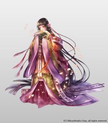 Rule 34 | 1girl, absurdly long hair, akkrs, brown hair, company name, hand fan, flower, full body, grey background, gyakushuu no fantasica, hair flower, hair ornament, japanese clothes, kimono, long hair, official art, petals, red eyes, simple background, solo, very long hair