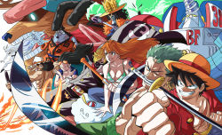 Rule 34 | 3girls, 6+boys, abs, black hair, blonde hair, breasts, brook (one piece), brown fur, carrot (one piece), cleavage, drawing sword, everyone, closed eyes, fighting stance, fins, fish boy, foreshortening, franky (one piece), franky shogun, furry, furry male, giant, giant male, gloves, glowing, glowing eye, green hair, hair over one eye, hat, highres, holding, holding sword, holding weapon, jinbe (one piece), long hair, male focus, monkey d. luffy, multiple boys, multiple girls, muscular, nami (one piece), nico robin, one piece, orange hair, pectorals, rabbit girl, raid suit, reindeer boy, roronoa zoro, sanji (one piece), short hair, skeleton, smile, straw hat, sun hat, suspenders, sword, tina fate, toned, toned male, tony tony chopper, usopp, very long hair, weapon, white fur, zeus (one piece)