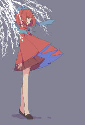 Rule 34 | 1girl, black footwear, blue bow, blue bowtie, bow, bowtie, branch, busujima (kusahana), cape, commentary request, from side, full body, grey background, hair bow, highres, long sleeves, miniskirt, pleated skirt, red cape, red eyes, red hair, red skirt, sekibanki, shoes, short hair, simple background, skirt, solo, touhou, willow, window