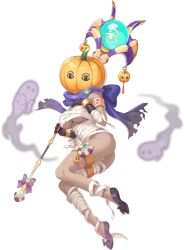 1girl artist_request ass bandages breasts full_body game_cg ghost hand_on_own_chest highres holding holding_staff legend_clover medjed_(legend_clover) official_alternate_costume official_art pumpkin scarf staff thigh_strap third-party_source transparent_background