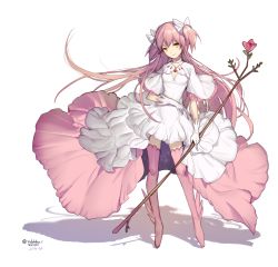 Rule 34 | boots, cleavage cutout, clothing cutout, dress, flower, highres, invalee, kaname madoka, long hair, mahou shoujo madoka magica, mahou shoujo madoka magica (anime), pink footwear, pink hair, rose, shadow, simple background, thigh boots, thighhighs, twintails, two side up, ultimate madoka, very long hair, white dress, winged footwear, yellow eyes