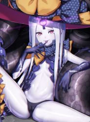 Rule 34 | 1girl, abigail williams (fate), abigail williams (third ascension) (fate), black panties, bow, breasts, cameltoe, cleft of venus, colored skin, eha7y, fate/grand order, fate (series), finger to tongue, hat, hat bow, highres, keyhole, long hair, multiple bows, multiple hat bows, navel, orange bow, panties, parted bangs, polka dot, polka dot bow, purple bow, red eyes, sitting, small breasts, smile, solo, tentacles, third eye, tongue, tongue out, underwear, white hair, white skin, witch hat