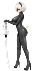 Rule 34 | 1girl, ass, black bodysuit, black hairband, bodysuit, breasts, closed mouth, commentary, from side, hair over eyes, hairband, hands on hilt, high heels, highres, huge breasts, katana, nier (series), nier:automata, planted, planted sword, planted weapon, platform footwear, platform heels, ryu seung, short hair, simple background, skin tight, solo, standing, sword, symbol-only commentary, weapon, white hair, 2b (nier:automata)