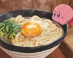 Rule 34 | blowing on food, blue eyes, blush stickers, bowl, commentary, egg, food, food focus, kirby, kirby (series), miclot, nintendo, no humans, noodles, open mouth, pink footwear, shoes, steam, udon